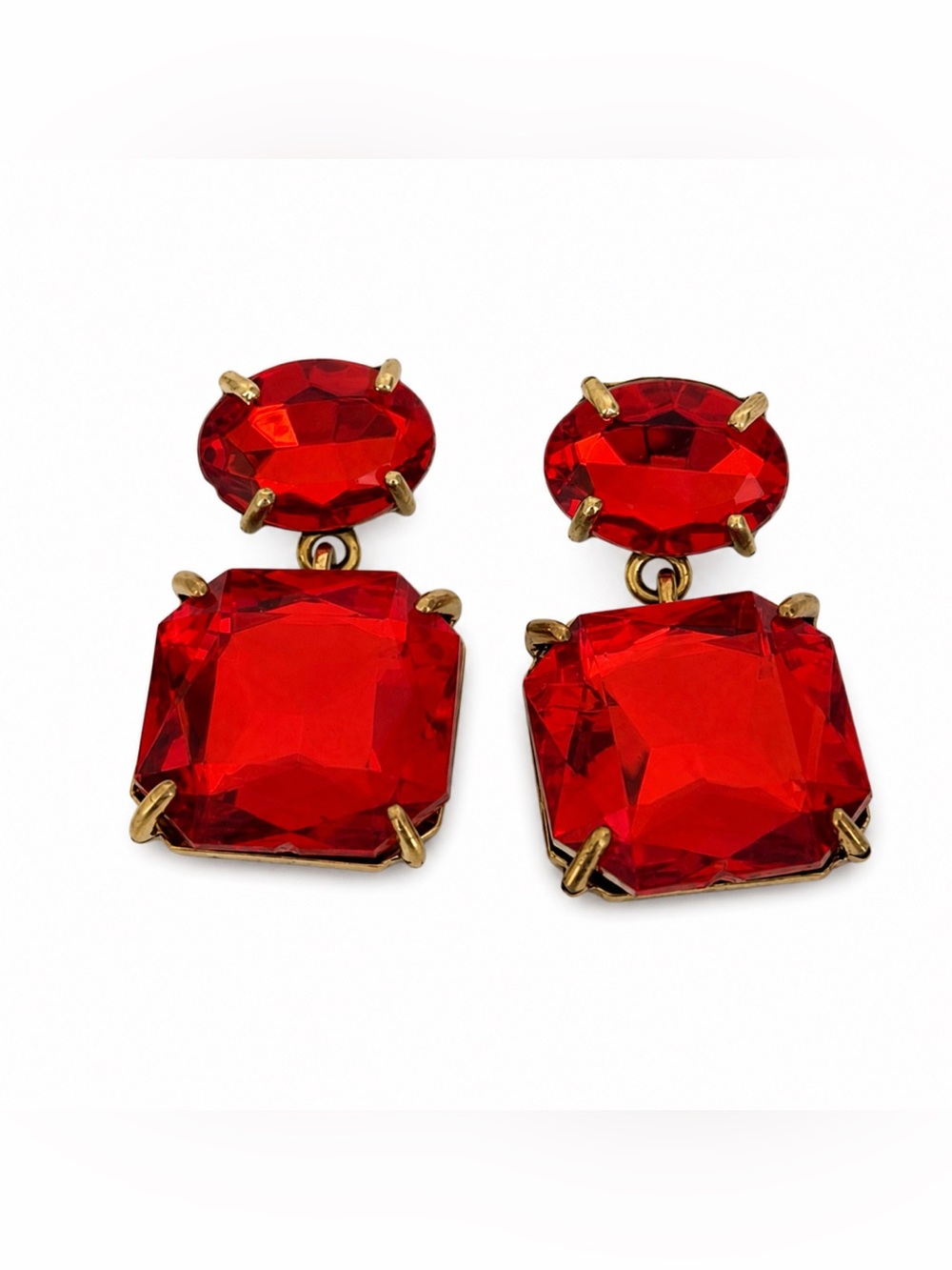 Vintage-Style Red Statement Drop Earrings - Gold Tone